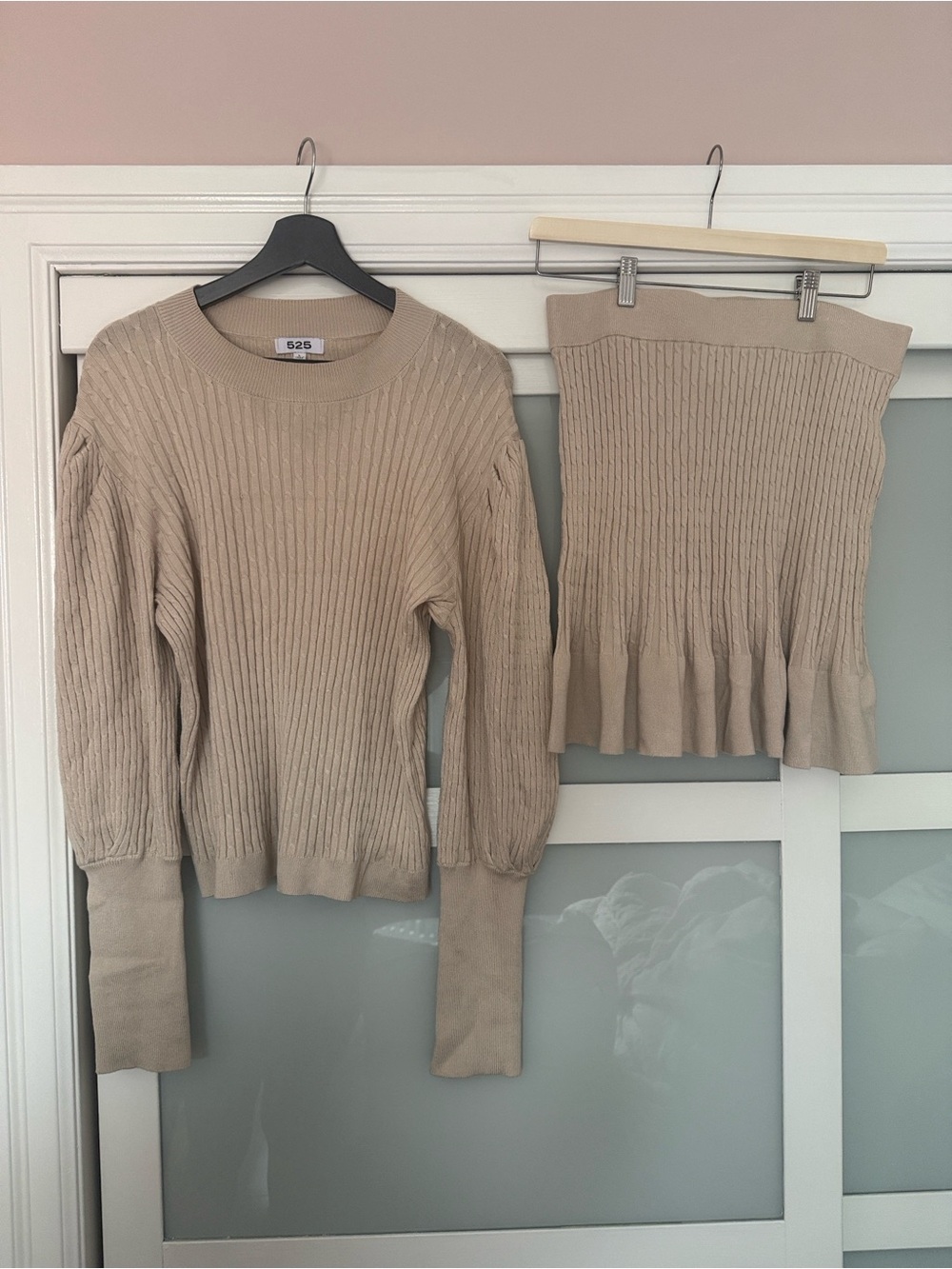 525 America Beige Ribbed Knit Sweater Top & Skirt Set